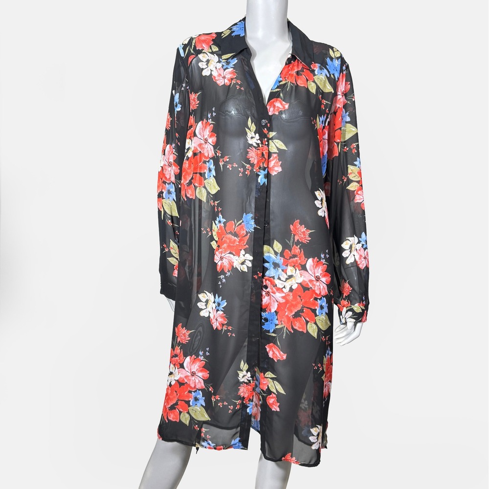 INC Intern'l Swim Cover Up Kimono Long Button Up 2XL Sheer Floral Resortwear